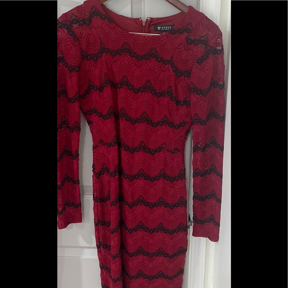 Guess Red & Black Lace Long Sleeve Midi Dress